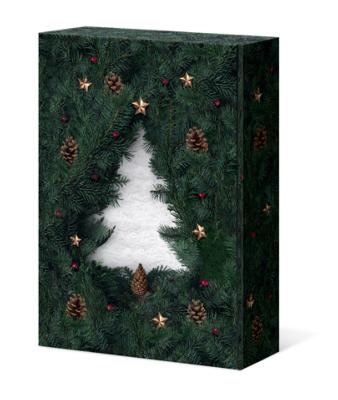 Coffret rectangulaire vert en carton décor sapin de Noël