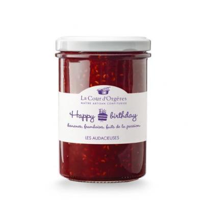 Confiture "Happy Birthday" banane-framboise-passion 240gr La Cour d'Orgères