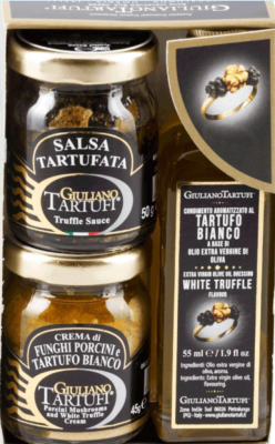 25€ Coffret truffe Giuliano Tartufi ( salsa tartufata, crème de cèpes à la truffe, huile à la truffe)