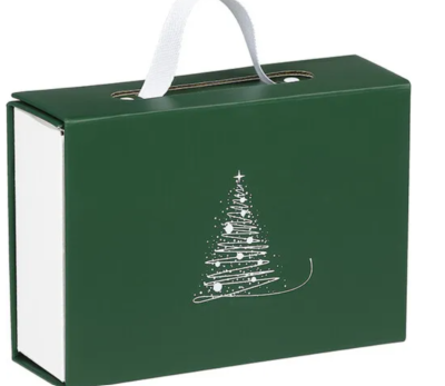 Coffret carton rectangle ELEGANCE D'HIVER vert/blanc poignée ruban fermeture aimantée