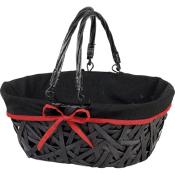 Panier bois/osier ovale noir/tissu noir liseré rouge anses rabattables 35x27x14 cm Dimensions en cm : 35 x 27 x 14