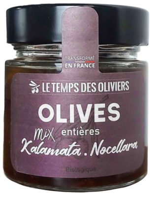 Olives Mix Kalamata / Nocellara entières bio bocal 110gr Le Temps des Oliviers